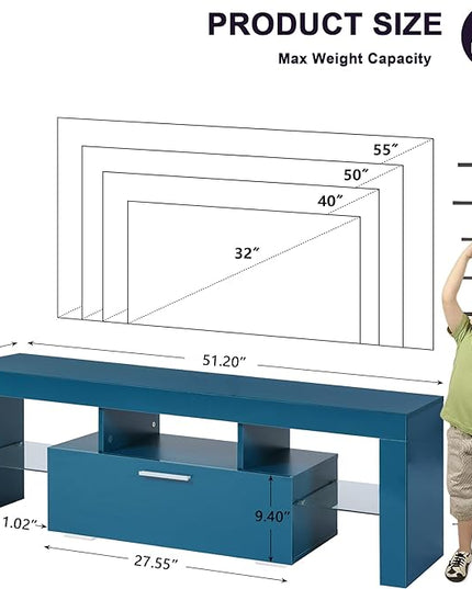 Clikuutory Blue LED TV Stand with Large Storage Drawer for 32 40 50 55 Inch TVs, Modern High gloss TV Console Table with Entertainment Center for Living Room, Bedroom, Blue - LeafyLoom