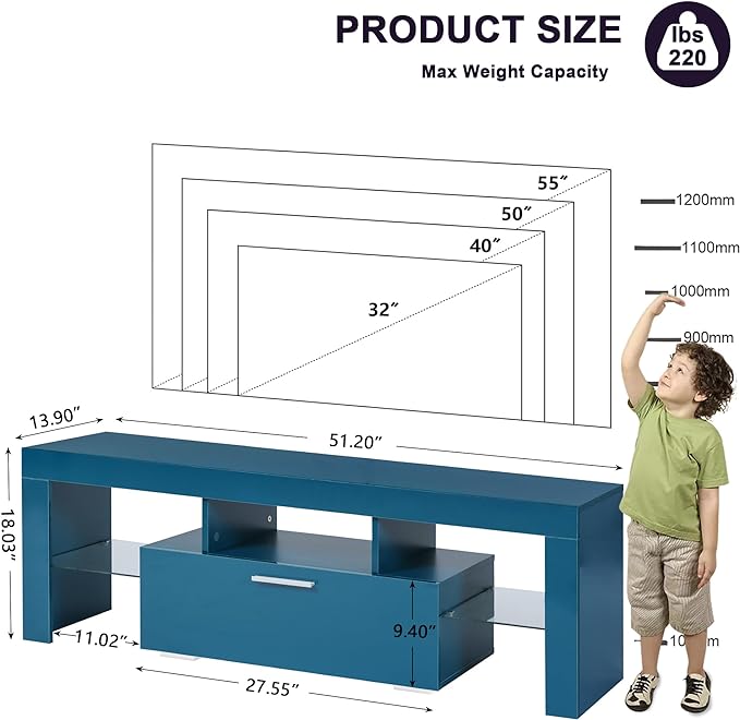Clikuutory Blue LED TV Stand with Large Storage Drawer for 32 40 50 55 Inch TVs, Modern High gloss TV Console Table with Entertainment Center for Living Room, Bedroom, Blue - LeafyLoom