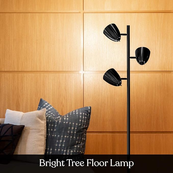 Brightech Jacob LED Standing Lamp, Modern Bright Floor Lamps for Living Rooms & Bedrooms, Tall LED Lighting Lamp with Adjustable 3 Light Tree – Classic Black - LeafyLoom