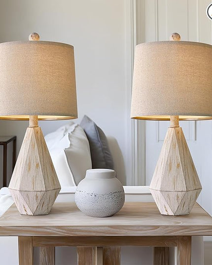 PoKat 20.25" Rustic Table Lamp Set of 2 for Bedroom Living Room Vintage Retro Traditional Nightstand Bedside Lamps Kids Room Study Room Office with Linen Shade, Suitable for Small Place - LeafyLoom