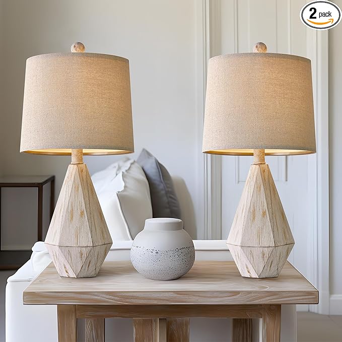 PoKat 20.25" Rustic Table Lamp Set of 2 for Bedroom Living Room Vintage Retro Traditional Nightstand Bedside Lamps Kids Room Study Room Office with Linen Shade, Suitable for Small Place - LeafyLoom
