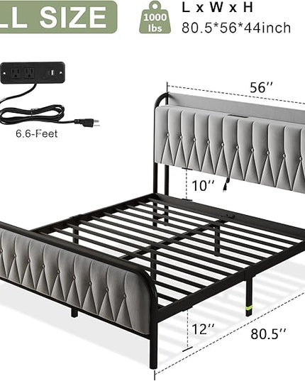 Feonase Full Size Bed Frame with Type-C & USB Port, Fast Charging Metal Platform Beds, Velvet Upholstered Headboard & Footboard, 12" Under Bed Storage Space, Easy Assembly, Noise-Free, Gray - LeafyLoom