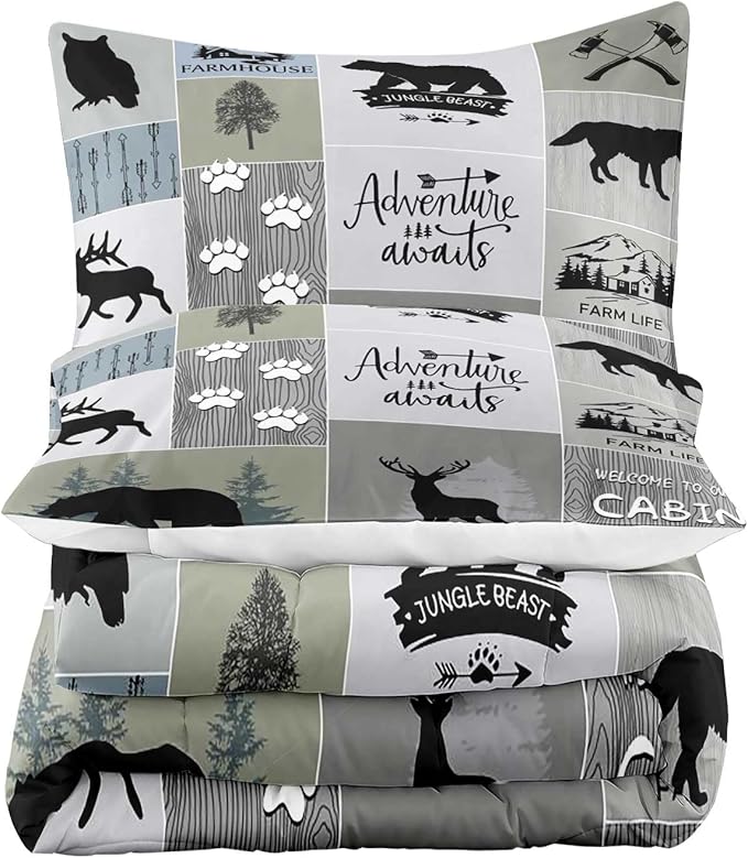 LUVIVIHOME 3PCS Rustic Cabin Comforter Set Full Size, Farmhouse Bedding Sets, Black Bear Deer Elk Moose Wolf Owl Forest Woodland Animals Wildlife Hunting Country Lodge Patchwork Quilt, 2 Pillow Shams - LeafyLoom