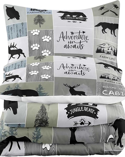 LUVIVIHOME 3PCS Rustic Cabin Comforter Set Queen Size, Farmhouse Bedding Sets, Black Bear Deer Elk Moose Wolf Owl Forest Woodland Animals Wildlife Hunting Country Lodge Patchwork Quilt, 2 Pillow Shams - LeafyLoom