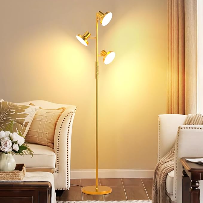 36W Super Bright Gold Floor Lamp, Modern LED Standing Lamp with Remote & Touch Control, 4 Color Temperatures, 3 Rotatable Lights, Dimmable Floor Lamps for Living Room, Bedroom, Office - LeafyLoom