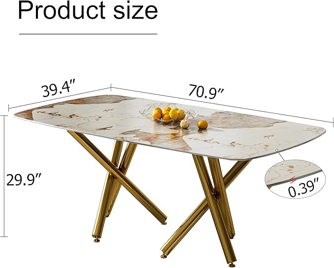 NicBex Modern Minimalist Rectangular Dining Table with A 0.39-Inch Imitation Marble Tabletop and Gold-Plated Metal Legs for Kitchen Dining Living Meeting Room Banquet Hall, White Marble + Gold - LeafyLoom
