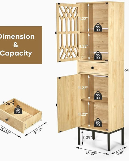 Brafab Set of 2 Tall Cabinet Narrow Storage Linen Cabinet Tall Sideboard Rattan Woven Door Fretwork Pattern Door 1 Drawer - LeafyLoom