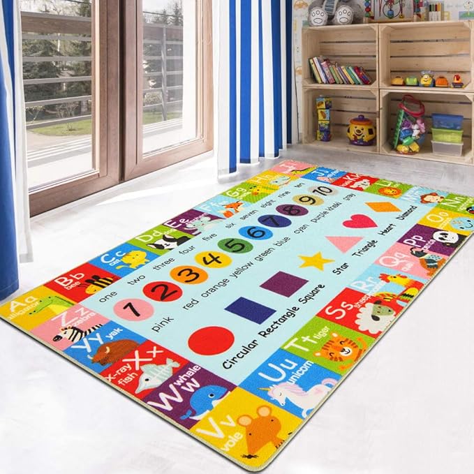 HEBE Kids Play Rug 3'4"x5' ABC Alphabet Numbers Shapes Educational Kid Area Rug Washable Baby Crawling Mat Non Slip Kid Play Mat Carpet for Girl Boy Bedroom Playroom - LeafyLoom