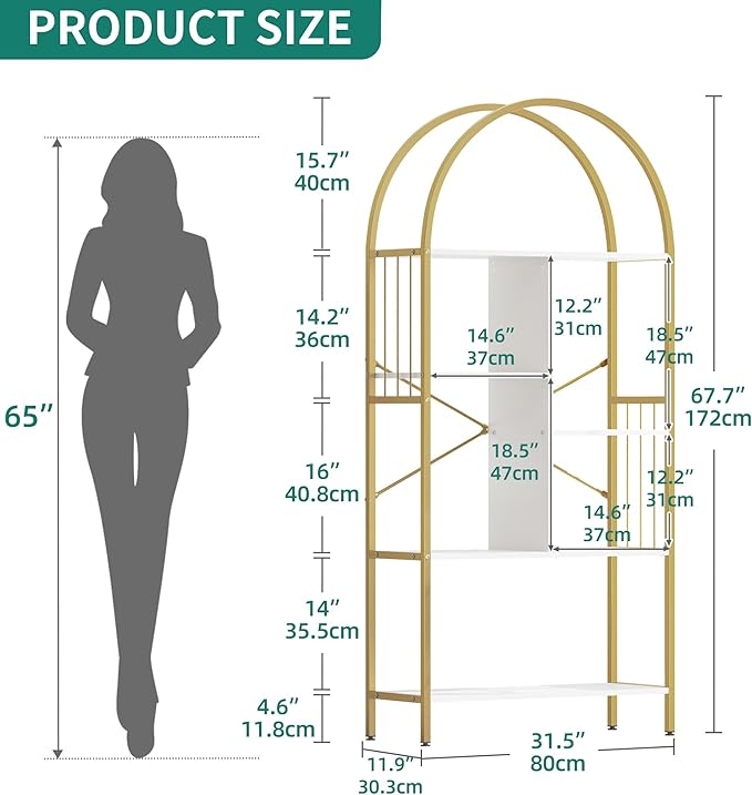 YITAHOME Gold Arched Bookshelf and Bookcase, 5 Tier Standing Book Shelf, Storage Display Rack Shelves for Bedroom Living Room Office,White&Gold - LeafyLoom