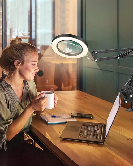 Magnifying Glass with Light and Stand,2-in-1 Lighted Magnifier Deskop lamp with Clamp,5X&10x Real Glass 3 Color Stepless Dimmable Magnifying Desk Lamp for Close Works Reading Crafts Hobby Soldering - LeafyLoom