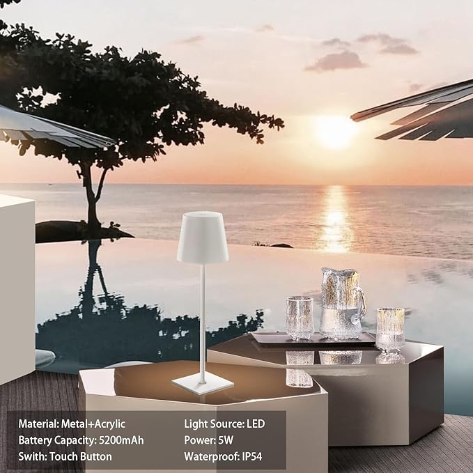 Lewoncci 2 Pack Cordless Table lamp,5200mAh Battery Operated Lamp,3 Color Stepless Dimming Desk Lamp,IP54 Waterproof Outdoor Table Lamps for Restaurant/Bedroom/Bars/Outdoor Party (White-2) - LeafyLoom