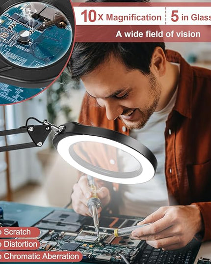 Veemagni 5 Inch Large Magnifying Glass with Light and Stand, 5 Color Modes Stepless Dimmable 10X Glass Lens, Hands Free 2-in-1 Desk Lamp & Clamp, LED Lighted Magnifier for Repair Crafts Close Work - LeafyLoom