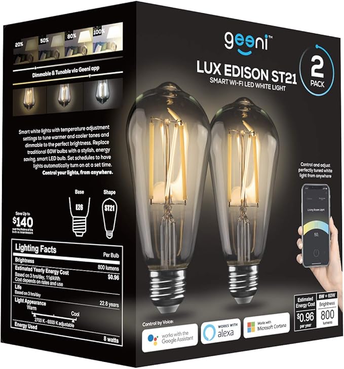 Geeni Smart Light Bulb - Alexa and Google Home Compatible, Tunable White LED Programmable and Dimmable WiFi Light Bulb, App Controlled (ST21, 2-Pack) Geeni