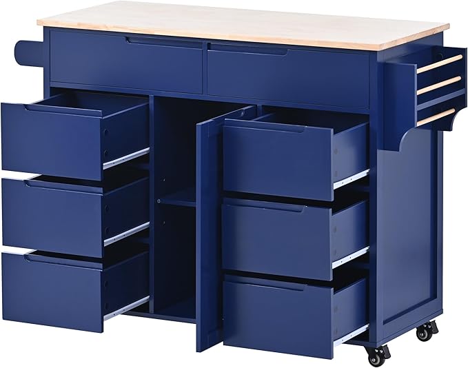 Kitchen Island on Lockable Wheels, Mobile Kitchens Cart with Rubber Wood Countertop, w/Drawer and Storage Cabinet for Dining Room, Bar - LeafyLoom