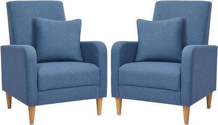 COLAMY Modern Accent Living Room Chairs Set of 2, Upholstered Fabric Armchair Reading Side Chair, Single Sofa with Back Pillow and Wood Legs, Blue - LeafyLoom