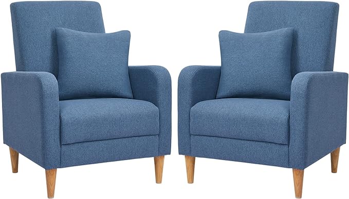 COLAMY Modern Accent Living Room Chairs Set of 2, Upholstered Fabric Armchair Reading Side Chair, Single Sofa with Back Pillow and Wood Legs, Blue - LeafyLoom