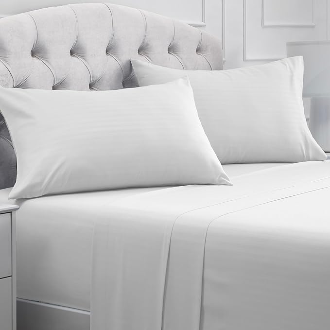 Mellanni Queen Sheets Set - 4 PC Iconic Collection Bedding Sheets & Pillowcases - Hotel Luxury, Extra Soft, Cooling Bed Sheets - Deep Pocket up to 16 inch (Queen, Striped White) - LeafyLoom