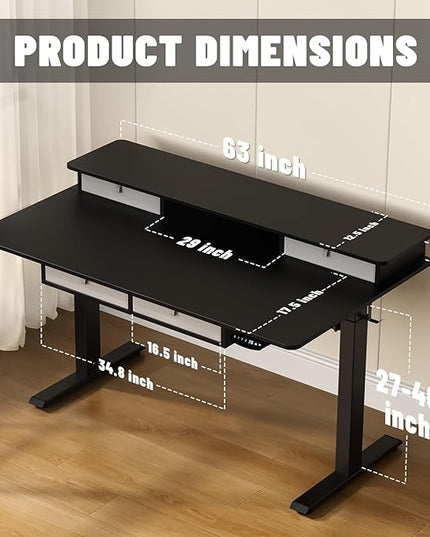 Electric Standing Widened Desk 63 * 30 Inches Adjustable Height with 4 Drawers, Double Storage Shelves Stand Up Desk, Home Office Workstation Sit Stand up Desk (Classical Black) - LeafyLoom