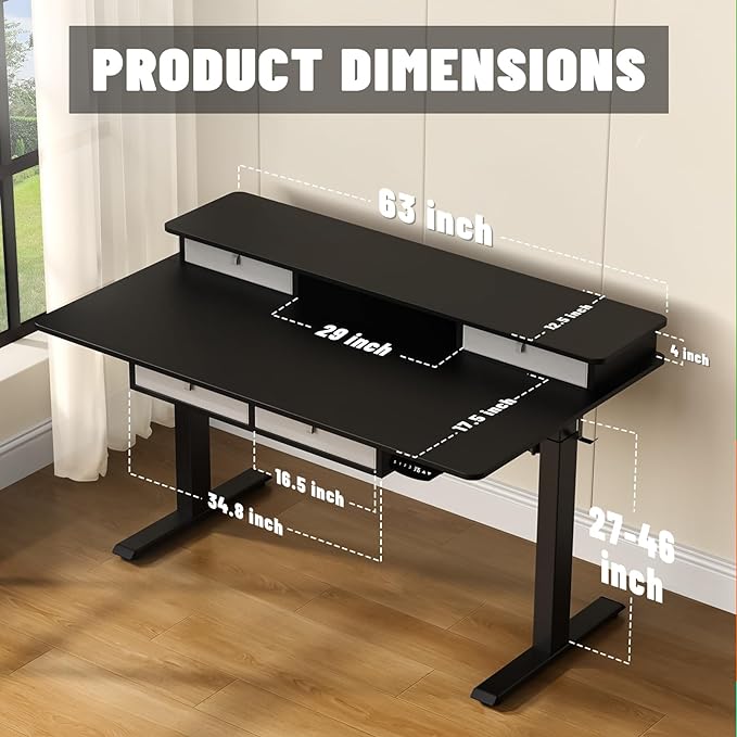 Electric Standing Widened Desk 63 * 30 Inches Adjustable Height with 4 Drawers, Double Storage Shelves Stand Up Desk, Home Office Workstation Sit Stand up Desk (Classical Black) - LeafyLoom