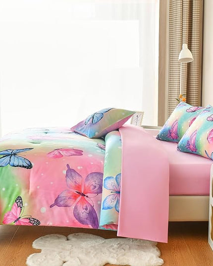 Butterfly Bedding Set Full, Pink Butterfly Comforter Set for Girls Kids Teens 6 pcs Bed in a Bag Full Bedding Sets for Girls - LeafyLoom