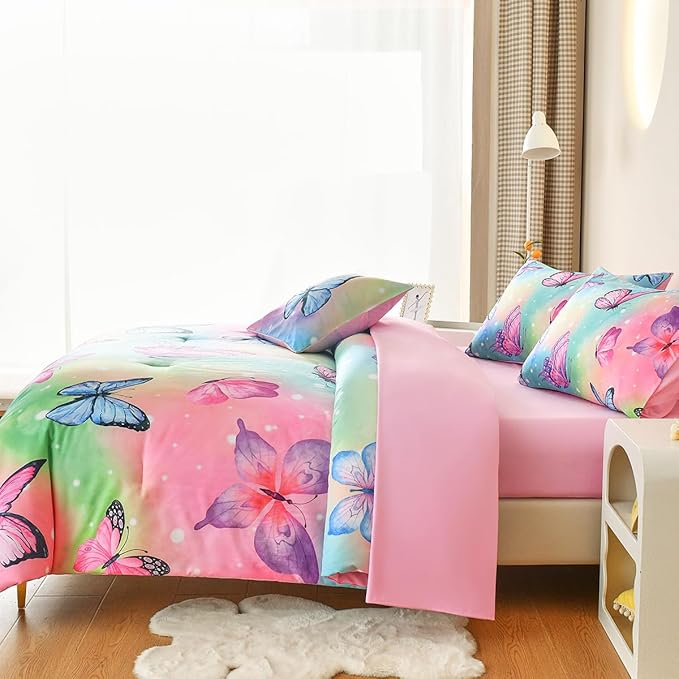 Butterfly Bedding Set Full, Pink Butterfly Comforter Set for Girls Kids Teens 6 pcs Bed in a Bag Full Bedding Sets for Girls - LeafyLoom