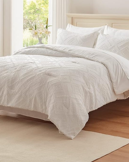 EMME King Comforter Set - 7 Pcs White Boho Comforter Set, Tufted King Size Bedding Sets with Sheets, Shabby Chic Embroidery Bed Set Fluffy Bed Bag for All Season(102"X90") - LeafyLoom