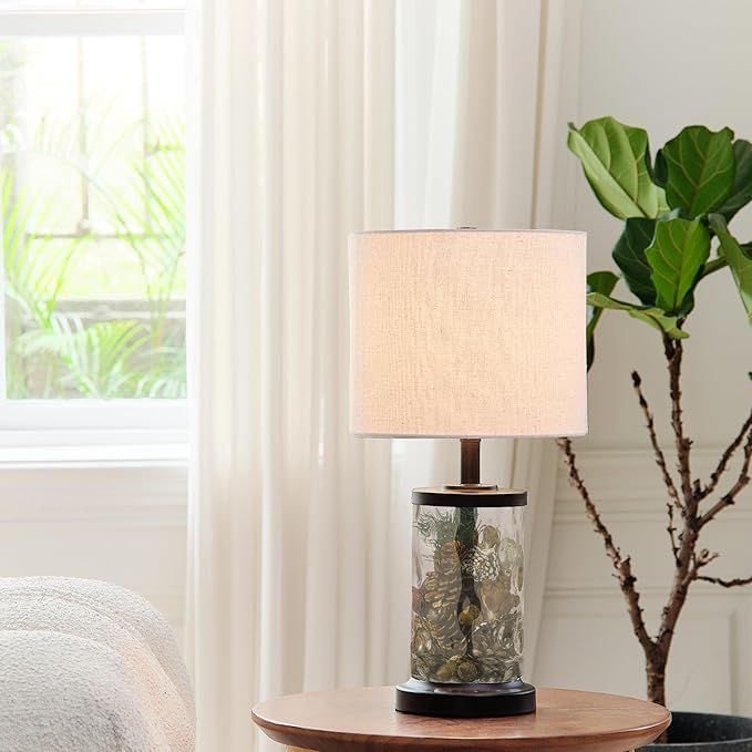 Globe Electric 61000044 20" Fillable Watered Glass Table Lamp, Oil-Rubbed Bronze Base, Beige Linen Shade, Black Cord, On/Off Rotary Switch - LeafyLoom