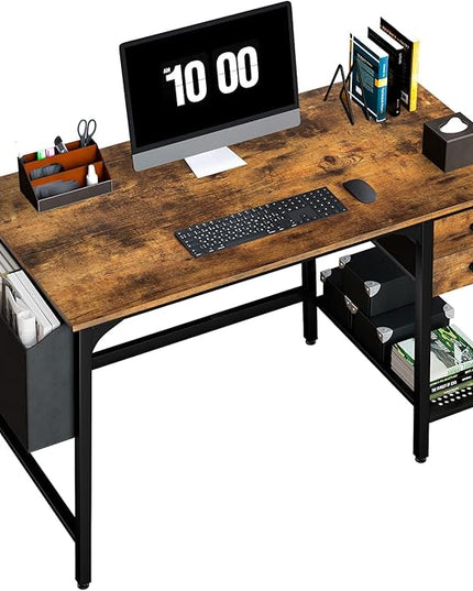 Lufeiya Computer Desk with Drawers - 40 Inch Work Small Desk for Bedroom Home Office, Simple Study Writing Table PC Desks with Drawer Storage Shelves, Rustic Brown - LeafyLoom