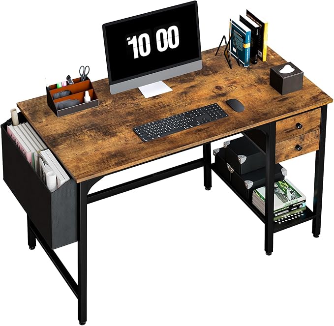 Lufeiya Computer Desk with Drawers - 40 Inch Work Small Desk for Bedroom Home Office, Simple Study Writing Table PC Desks with Drawer Storage Shelves, Rustic Brown - LeafyLoom