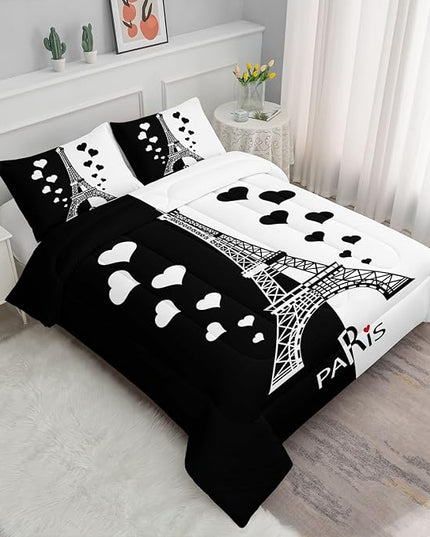 Datura home Kids Comforter Set Eiffel Tower Printed Pattern Bedding Set with 1 Comforter and 2 Pillowcases for Girls Boys Bedroom All Season(Tower1 Twin) - LeafyLoom