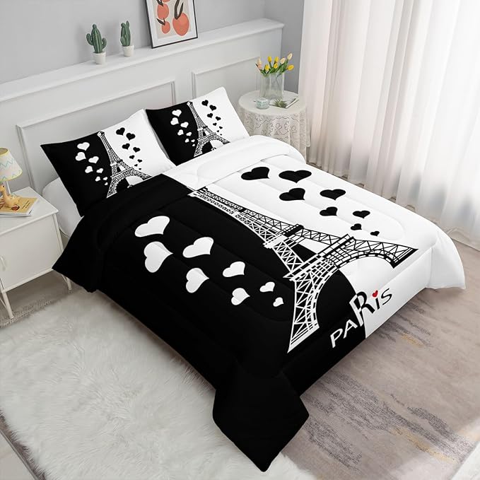 Datura home Kids Comforter Set Eiffel Tower Printed Pattern Bedding Set with 1 Comforter and 2 Pillowcases for Girls Boys Bedroom All Season(Tower1 Queen) - LeafyLoom