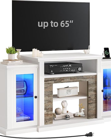 YITAHOME TV Stand for 65 55 Inch TV with LED Light & Power Outlets, 30'' Tall Highboy Entertainment Center TV Cabinets w/Glass Doors, Mid Century Modern TV Media Console Table for Living Room, White - LeafyLoom