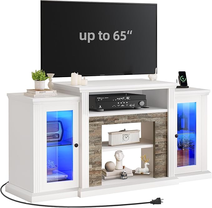 YITAHOME TV Stand for 65 55 Inch TV with LED Light & Power Outlets, 30'' Tall Highboy Entertainment Center TV Cabinets w/Glass Doors, Mid Century Modern TV Media Console Table for Living Room, White - LeafyLoom