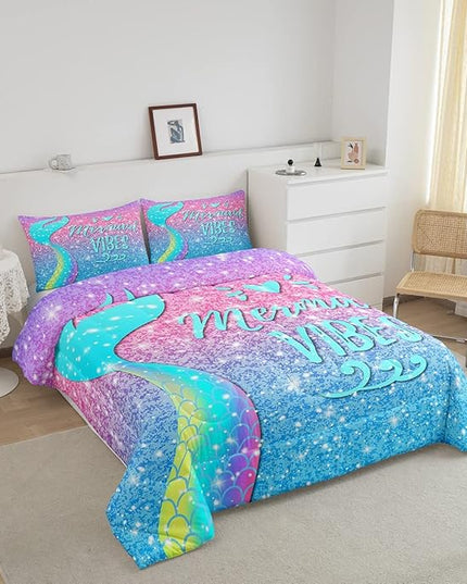 Kawaii Mermaid Bedding Twin,Mermaid Scales Tail Comforter Set Glitter Star Galaxy Princess Bedding Set Watercolor Blue Pink Pastel Ombre Quilt Duvet Ocean Animal Comforter Teal Girly Room Decor 2 Pcs - LeafyLoom