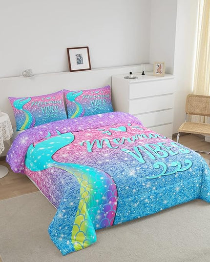 Girls Mermaid Tail Comforter Set Full Kawaii Coastal Fish Scales Bedding Set Glitter Star Galaxy Comforter Blue Pink Pastel Ombre Set Princess Bed Set Ocean Animal Quilt Duvet 2 Pillowcases Teal - LeafyLoom
