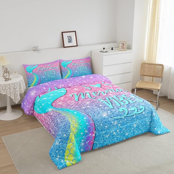 Girls Mermaid Tail Comforter Set Full Kawaii Coastal Fish Scales Bedding Set Glitter Star Galaxy Comforter Blue Pink Pastel Ombre Set Princess Bed Set Ocean Animal Quilt Duvet 2 Pillowcases Teal - LeafyLoom