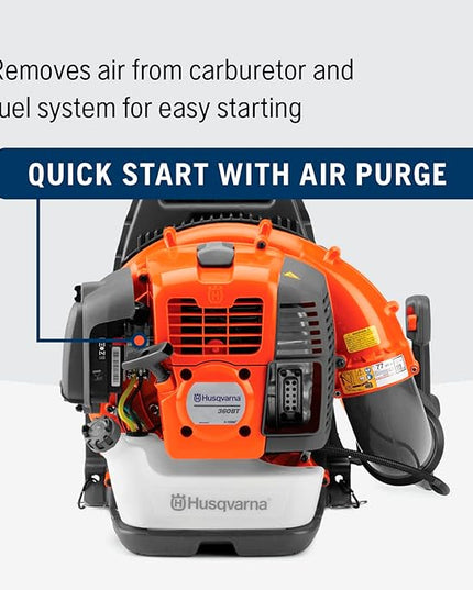 Husqvarna 360BT Gas Leaf Blower, 65.6-cc 3.81-HP 2-Cycle Backpack Leaf Blower with 890-CFM, 232-MPH, 30-N Powerful Clearing Performance and Load-Reducing Harness - LeafyLoom