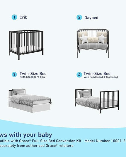 Graco Teddi 4-in-1 Convertible Mini Crib with Bonus Water-Resistant Mattress (Black) – GREENGUARD Gold Certified, 2.75-Inch Mattress Included, Convenient Size, Easy 30-Minute Assembly - LeafyLoom