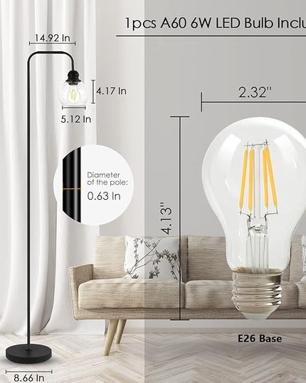 Modern Floor Lamp for Living Room with 6W LED Bulb, Industrial Floor Lamp, Seeded Glass, Black Classic Reading Tall Lamp for Home Office, Standing Lamps for Bedroom, Minimalist, Vintage, Farmhouse - LeafyLoom