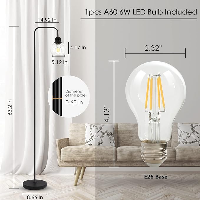 Modern Floor Lamp for Living Room with 6W LED Bulb, Industrial Floor Lamp, Seeded Glass, Black Classic Reading Tall Lamp for Home Office, Standing Lamps for Bedroom, Minimalist, Vintage, Farmhouse - LeafyLoom