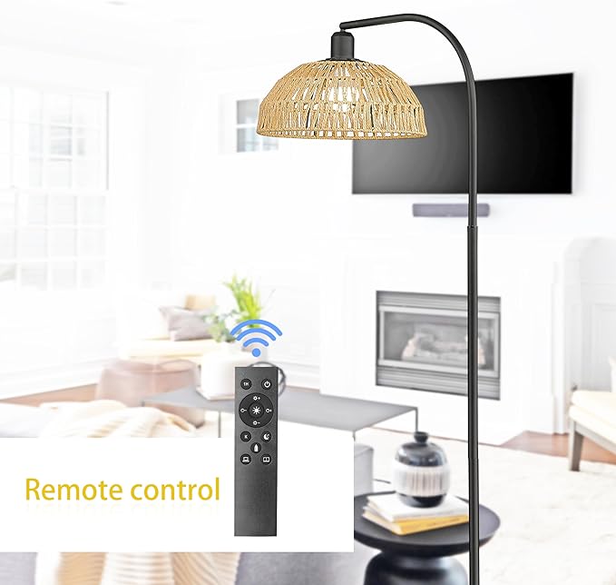 Farmhouse Floor Lamps with Remote Control for Living Room, Arch Tall Standing Lamp, Over Couch Mid Century Arched Reading Lamp, Dimmable Tall Lamp with 9W LED Bulb for Bedroom,Office (Black) - LeafyLoom