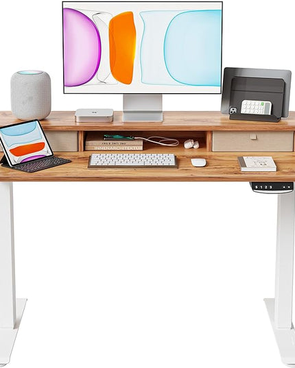 BANTI 40x24 Inch Electric Standing Desk with Double Drawers, Adjustable Height Stand Up Desk, Sit Stand Home Office Desk with Storage Shelf, Light Rustic Brown Top - LeafyLoom