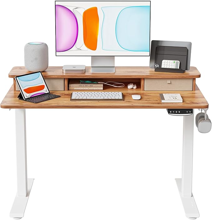 BANTI 40x24 Inch Electric Standing Desk with Double Drawers, Adjustable Height Stand Up Desk, Sit Stand Home Office Desk with Storage Shelf, Light Rustic Brown Top - LeafyLoom