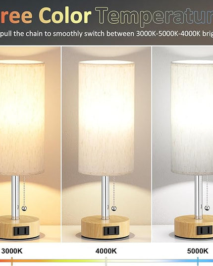 Wood Grain Bedside Table Lamps Set of 2-3 Color Temperatures Pull Chain Lamp with AC Outlet Charging Port, Two Round Night Stand Lamps for Bedroom Office, Small Bed Light with E26 LED Bulbs - LeafyLoom