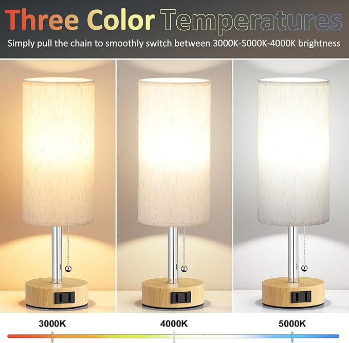Wood Grain Bedside Table Lamps Set of 2-3 Color Temperatures Pull Chain Lamp with AC Outlet Charging Port, Two Round Night Stand Lamps for Bedroom Office, Small Bed Light with E26 LED Bulbs - LeafyLoom