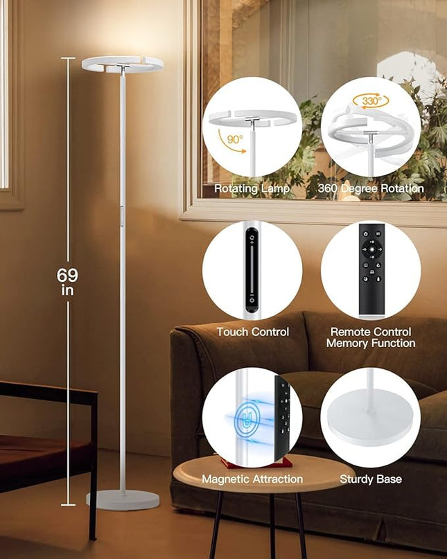 White Floor Lamp, Modern Stepless Dimmable Standing Lamp 3000-6000K, 20W LED Rotatable Reading Tall Lamp, Touch & Remote Control Uplighter Floor Lamps for Living Room Bedroom Office - LeafyLoom