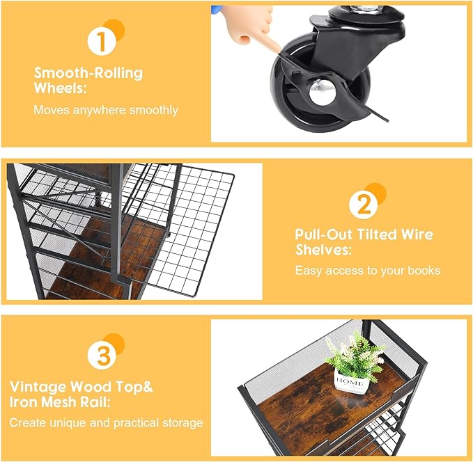 Heyexiha 5 Tier Book Shelf with Sliding Trays, Metal & Wooden Bookcase, Durable Rolling Book Cart, Book Shelf with Wheels, Small Book Shelf Storage Bookcase for Living Room, Bedroom, and Home Office - LeafyLoom