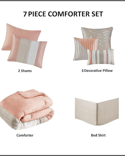 Madison Park Amherst Faux Silk Comforter Set - Casual Contemporary Design, All Season Down Alternative Bedding, Matching Shams, Bedskirt, Decorative Pillows, Cal King(104"x92"), Coral 7 Piece - LeafyLoom
