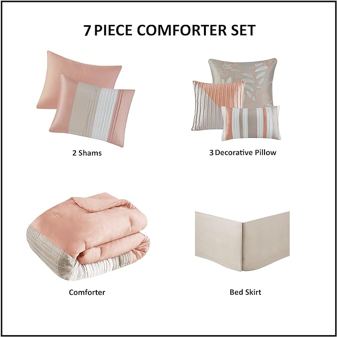 Madison Park Amherst Faux Silk Comforter Set - Casual Contemporary Design, All Season Down Alternative Bedding, Matching Shams, Bedskirt, Decorative Pillows, Cal King(104"x92"), Coral 7 Piece - LeafyLoom
