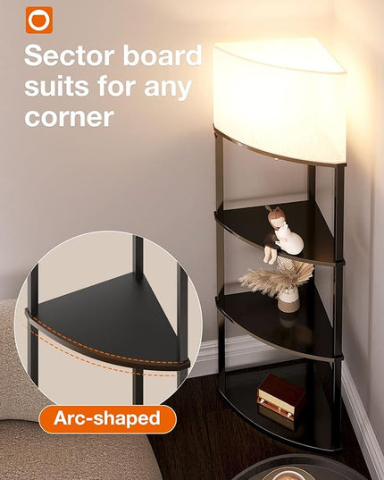 addlon corner lamp 5-Tier Shelf Floor Lamp Display with 3 Color Temperatures LED Bulb and Linen Lamp Shade, Shelves for Living Room, Bedroom and Office - Black - LeafyLoom
